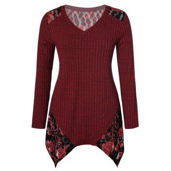 

Plus Size V Neck Floral Handkerchief Sweater, Red wine