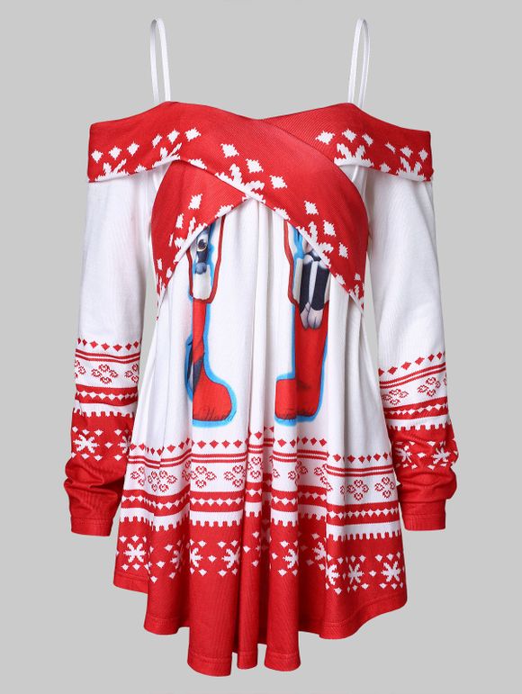 T-shirt à Epaule Dénudée Chaussettes de Noël et Flocon de Neige Imprimés - Rouge Lave L