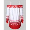 T-shirt à Epaule Dénudée Chaussettes de Noël et Flocon de Neige Imprimés - Rouge Lave M
