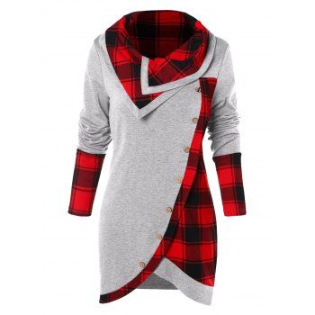

Plaid Panel Cowl Neck Tulip Front T-shirt, Light gray
