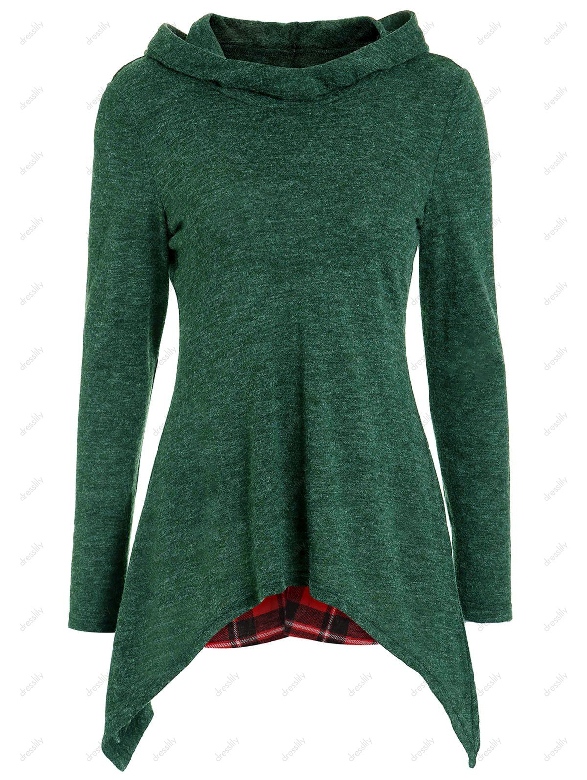 [44 OFF] 2021 Tartan Panel Long Sleeve Hooded Knitwear In PINE GREEN DressLily