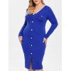 Robe Moulante à Fente en Avant Embellie de Buttons de Grande Taille à Col V - Bleu Foncé Toile de Jean 1X