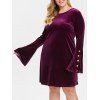Plus Size Buttons Flare Sleeves Velvet Dress - RED WINE 1X