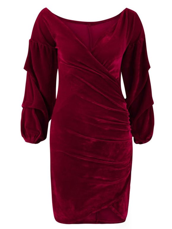 Robe Asymétrique Enveloppée en Velours à Col V - Rouge Vineux M