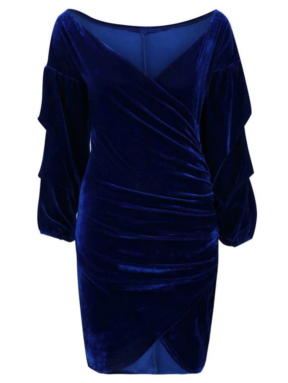 Robe Asymétrique Enveloppée en Velours à Col V - Bleu profond XL