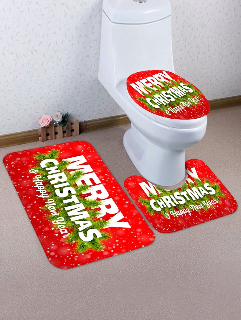 

MERRY CHRISTMAS Greeting Pattern 3 Pcs Toilet Mat Set, Multi