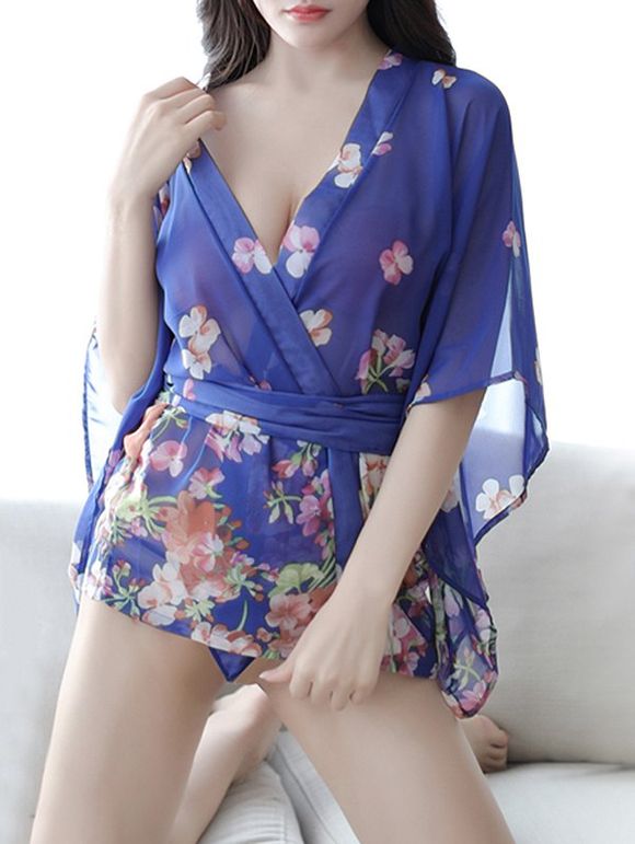 Body Nuisette Sexy Kimono Fleuri à Manches Evasées - Bleu Myrtille ONE SIZE