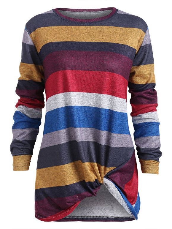 T-shirt Rayé Tordu en Avant à Manches Longues - multicolor B XL