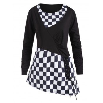 

Plus Size Gingham Panel Long Sleeve T-shirt, Black