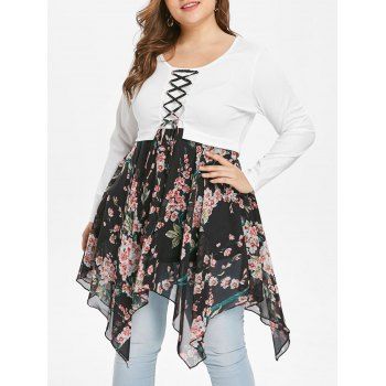 

Plus Size Lace Up Peach Blossom Handkerchief T-shirt, White