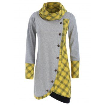 

Plaid Insert Long Sleeve Asymmetrical T-shirt, Yellow