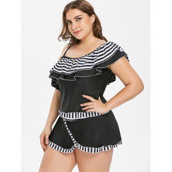 

Plus Size One Shoulder Stripe Trim Ruffled Tankini Set, Black