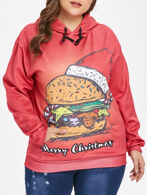 Sweat à capuche grande taille avec hamburger kangourou, poche de Noël - Rouge 3X