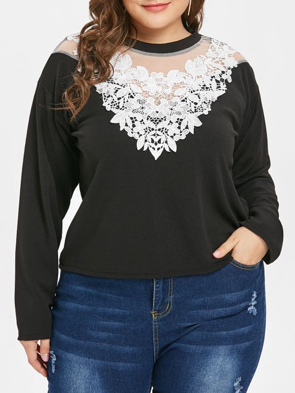 De plus Contraste Taille empiècement en dentelle T-shirt - Noir 4X