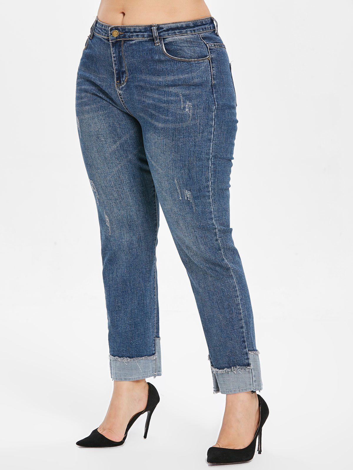 [17 OFF] 2021 Plus Size High Waist Cuffed Jeans In DENIM BLUE DressLily