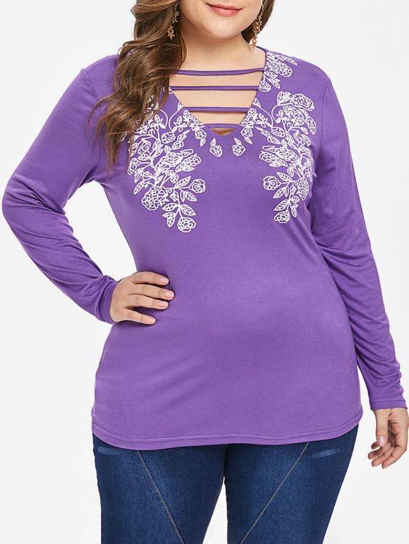 T-shirt Découpé Fleuri Imprimé de Grande Taille - Violet Améthyste 4X