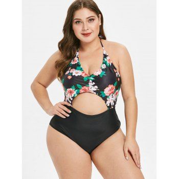

Plus Size Cut Out Floral Print Swimwear, Black