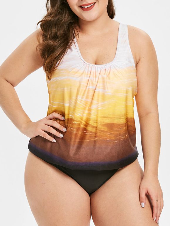 Ensemble de Tankini Ombré Imprimé de Grande Taille - Jaune L