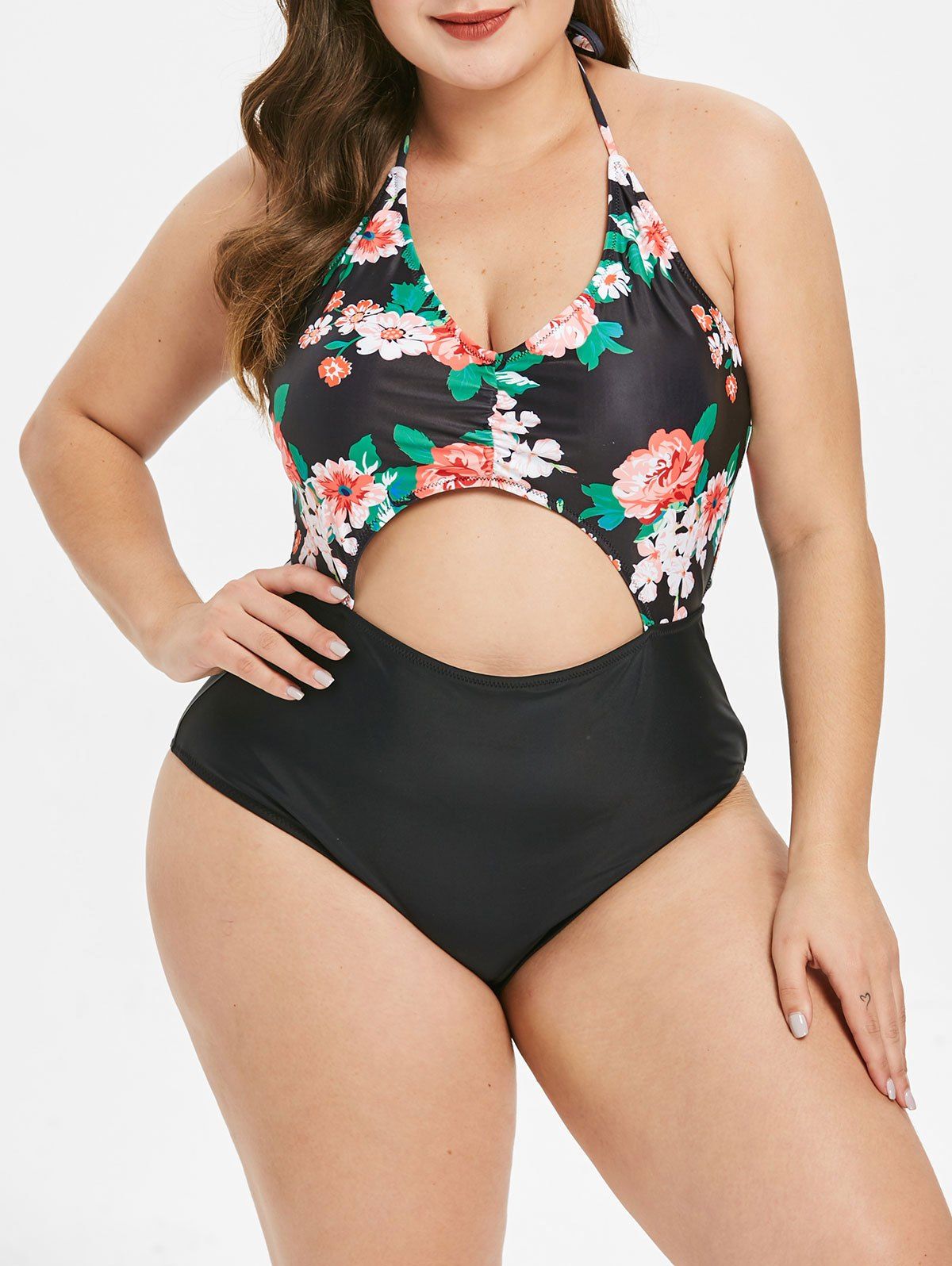 Plus Size Cut Out Floral Print Swimwear - BLACK 3X