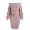 Off Shoulder Lantern Sleeve Belted Sweater - PINK ROSE ONE SIZE