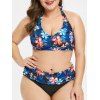 Maillot de Bain Rembourré Fleuri Imprimé de Grande Taille à Col Halter - Noir 4X