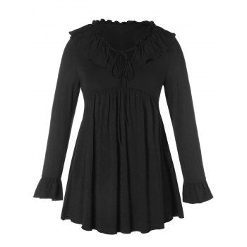 

Plus Size Flare Sleeve Flounce Lace Up T-shirt, Black