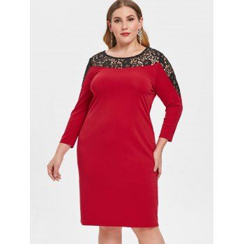 

Plus Size Hollow Out Lace Insert Bodycon Dress, Lava red