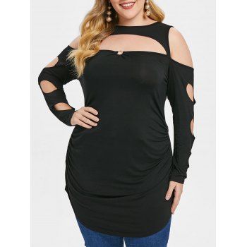 

Plus Size Long Sleeve Cutout Ring Ruffles Tee, Black