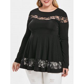 

Plus Size Floral Lace Up Long Sleeves T-shirt, Black