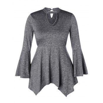 

Plus Size Keyhole Bell Sleeve Handkerchief T-shirt, Gray