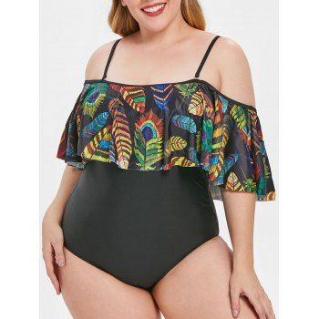 

Plus Size Ruffle Panel Leaf Print Swimwear, Black