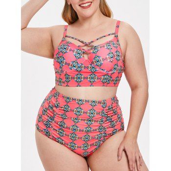 

Underwire Plus Size Criss Cross Printed Bikini Set, Watermelon pink