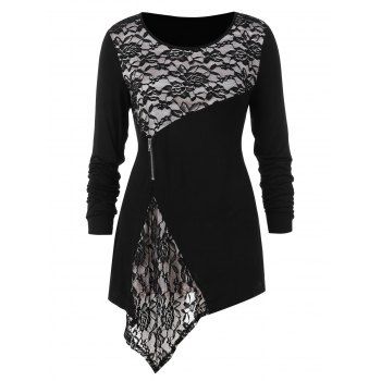 

Asymmetrical Lace Panel Plus Size T-shirt, Black