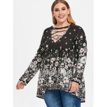 

Plus Size Criss Cross Draped Dip Hem Floral T-shirt, Multicolor