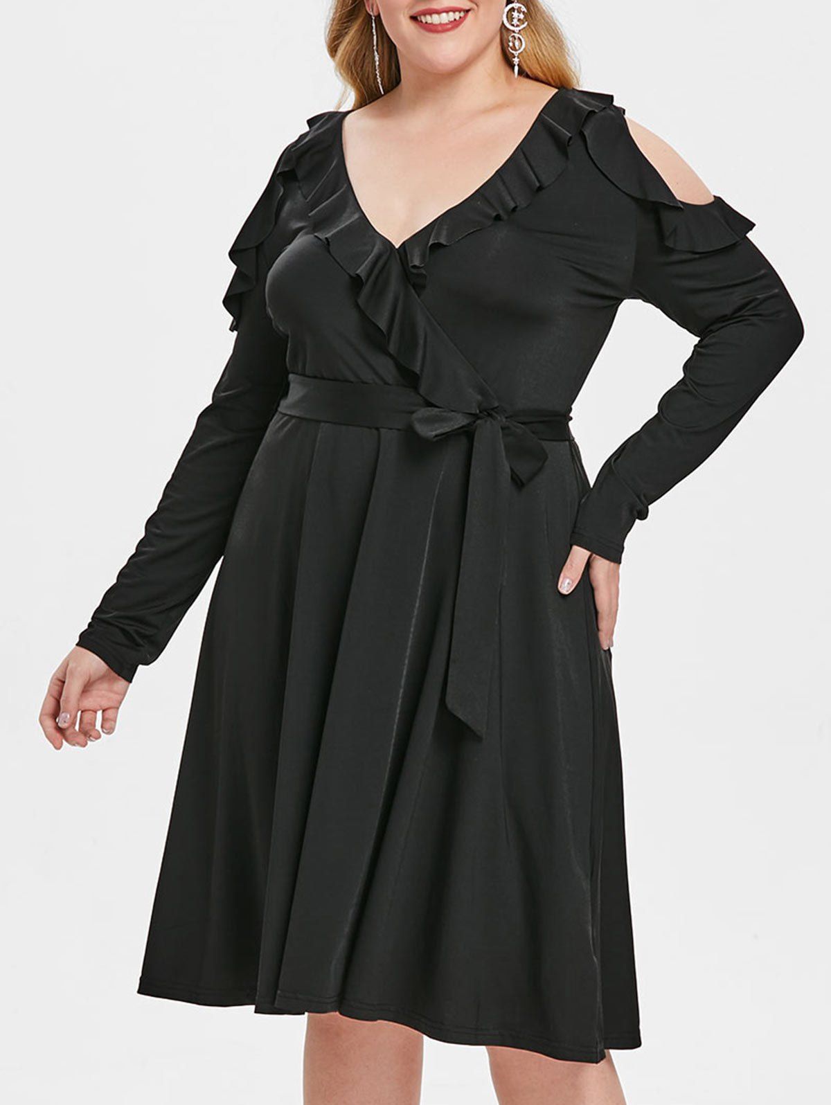 

Plus Size Flounce Cold Shoulder Belted Dress, Black