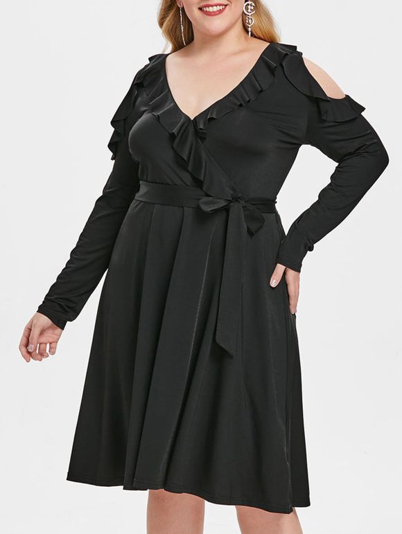 Robe Ceinturée à Epaule Dénudée de Grande Taille à Volants - Noir 3X