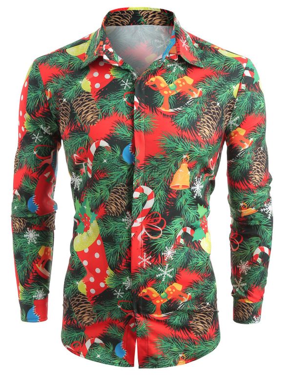 Chemise à Boutons Cachés avec Imprimé Thème Noël - Châtaigne Rouge M