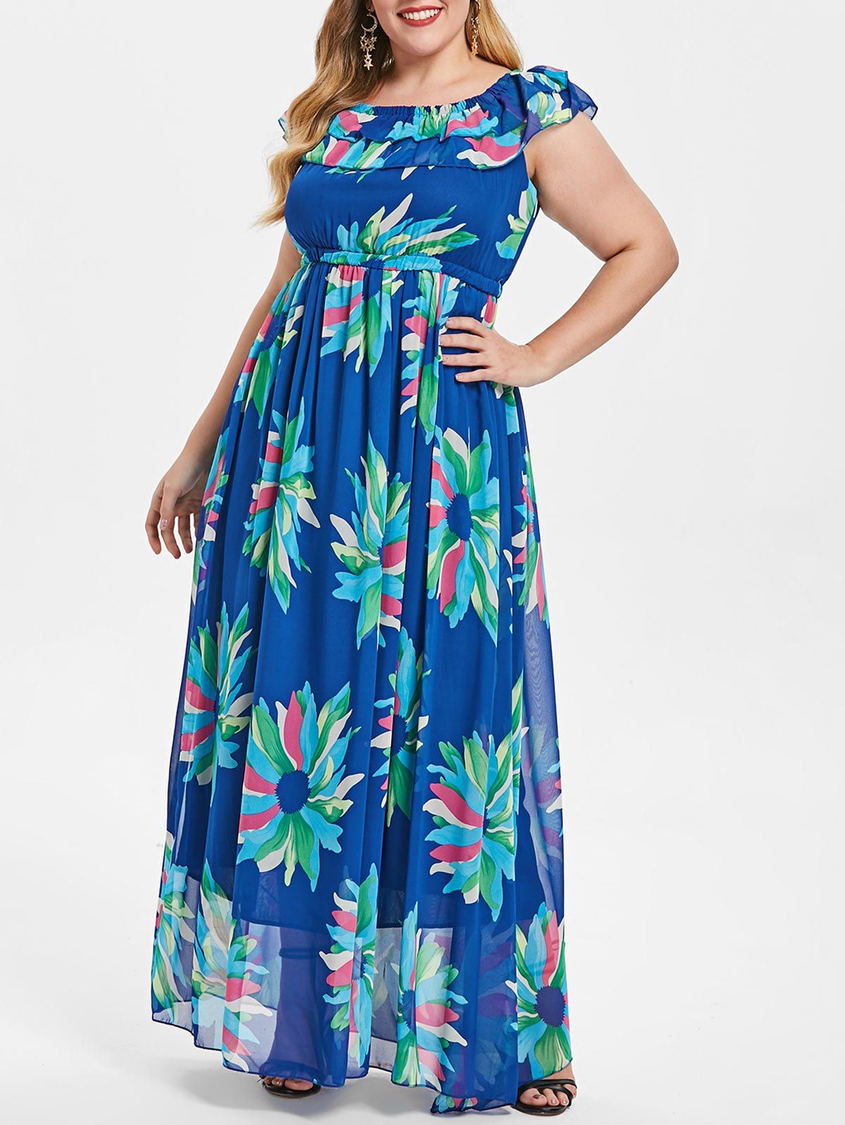 [41% OFF] 2021 Plus Size Layered Ruffle Panel Floral Print Maxi Dress ...