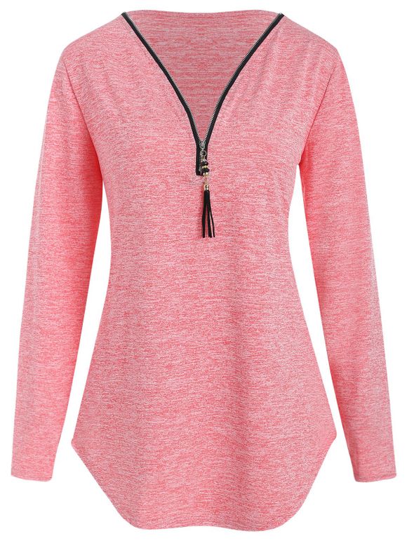 T-shirt Simple Zip en Avant à Frange - Rose clair XL
