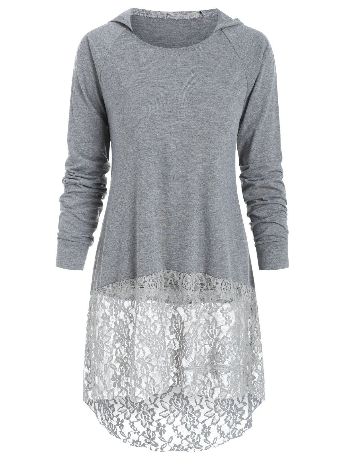 

Long Sleeve Lace Panel Hooded Top, Gray cloud