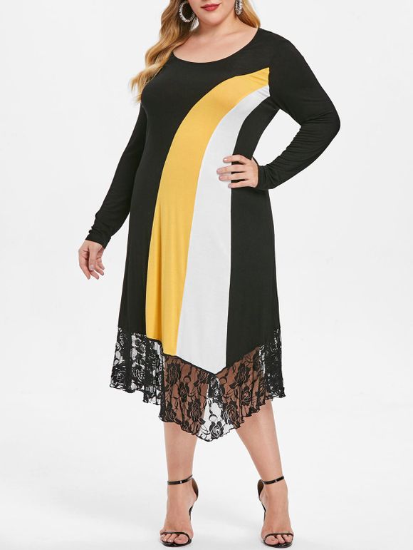 Robe Croisée au Dos en Blocs de Couleurs en Dentelle Insérée de Grande Taille - multicolor 1X