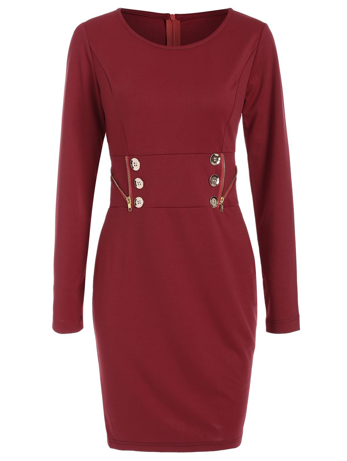 Long Sleeve Zipper Mini Dress - RED WINE XL