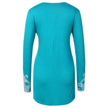 

Plus Size Ethnic Print Long Sleeve T-shirt, Light sea green
