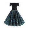 Belted Short Sleeve Printed Rockabilly Style Flare Dress - BLACK M