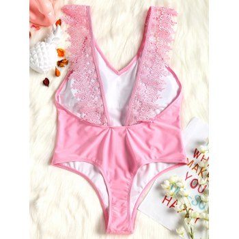 

Lace Applique Plunge Backless Valentine Swimsuit, Pink