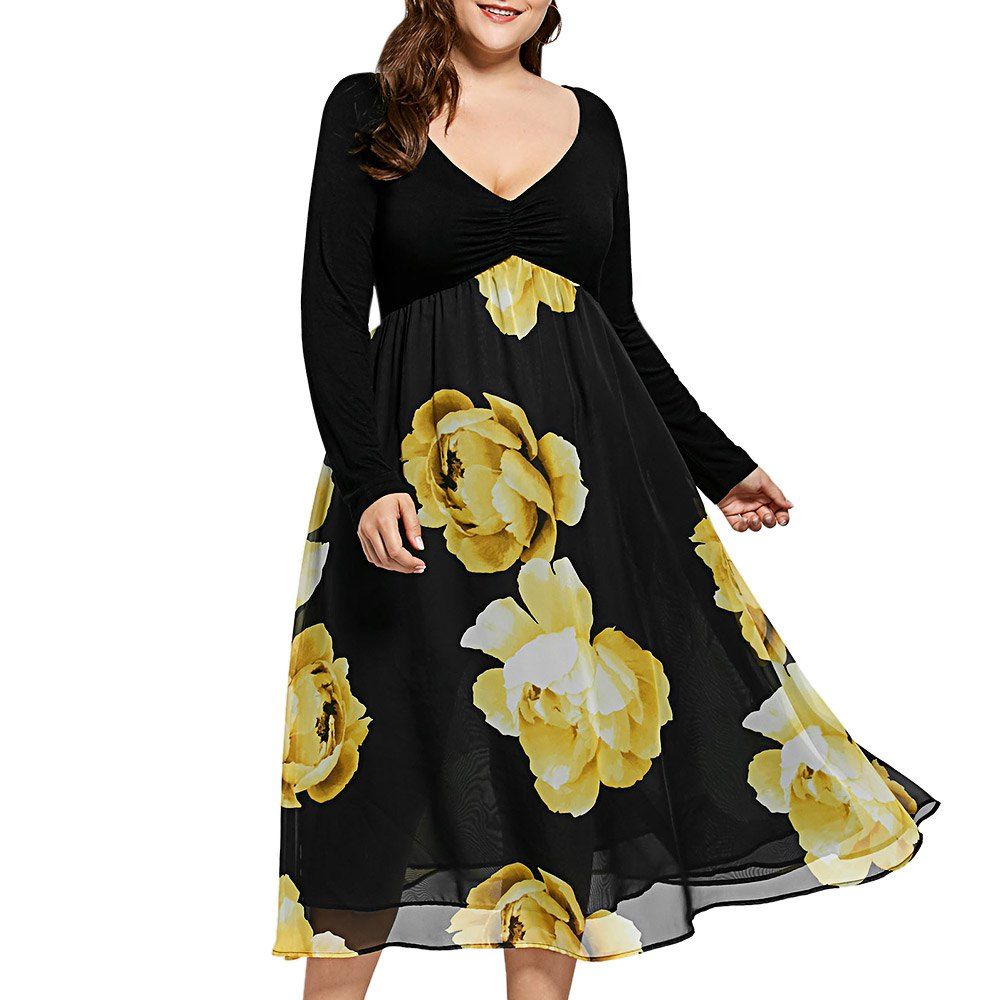 

Plus Size Floral Print Empire Waist Midi Dress, Yellow