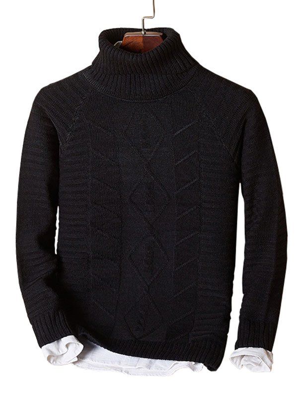 Solid Turtleneck Cable Knit Sweater - BLACK S