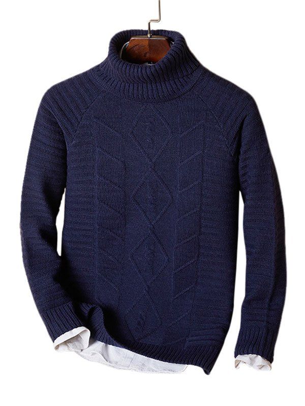 Solid Turtleneck Cable Knit Sweater - BLUE XS