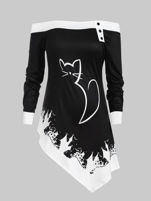 T-shirt d'Hallowee Graphique Asymétrique avec Boutons de Grande Taille - Noir 4X