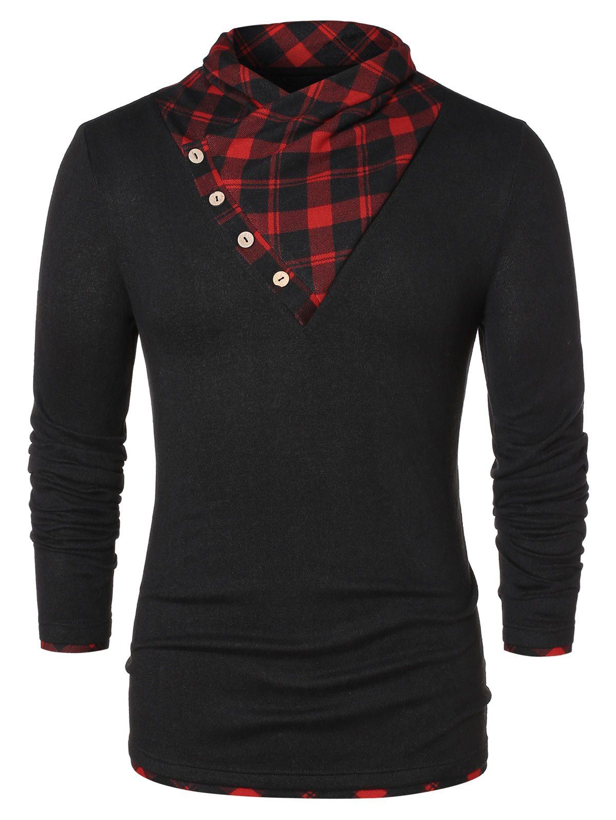 

Button Shawl Collar Checked Panel T-shirt, Black